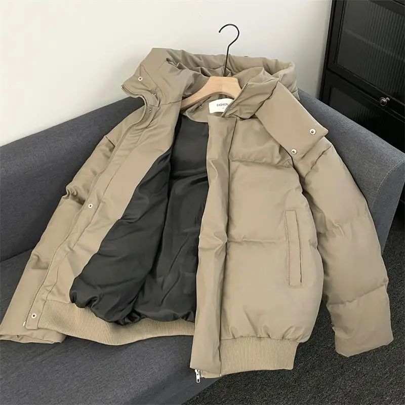 

Мужская утепленная куртка свободного кроя с капюшоном и высоким воротником из искусственной кожи и хлопка, в американском уличном стиле, коричневая, теплая, верхняя одежда