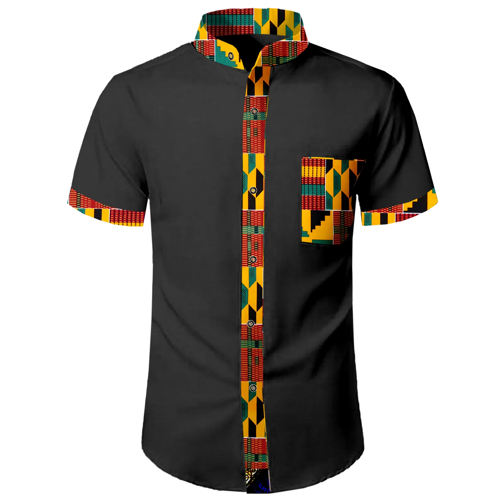 Men's African Kente Pattern Patchwork Top Shirt Breathable Short Sleeve Dashiki Ankara Shirt Casual Clothing Attire