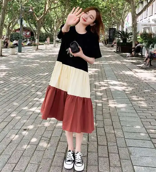 T-shirt couleur contrastée Dr femme ample grand S taille haute ligne a Midi Dr Commute Sle rond Ne ort Sve Basic