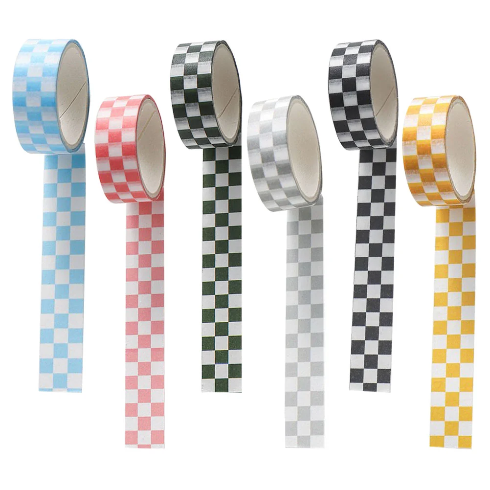 6 ม้วน Checkered Washi เทปสติกเกอร์สี DIY สมุดภาพเทปกระดาษเครื่องเขียน