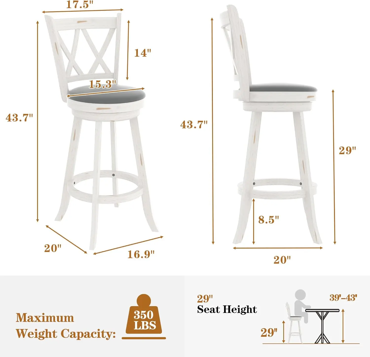 29 "Bar Hoogte Draaibare Krukken-Hoge Rugleuning Met Gestoffeerde Zitting En Massief Houten Voetensteun, Balstoelen Voor,