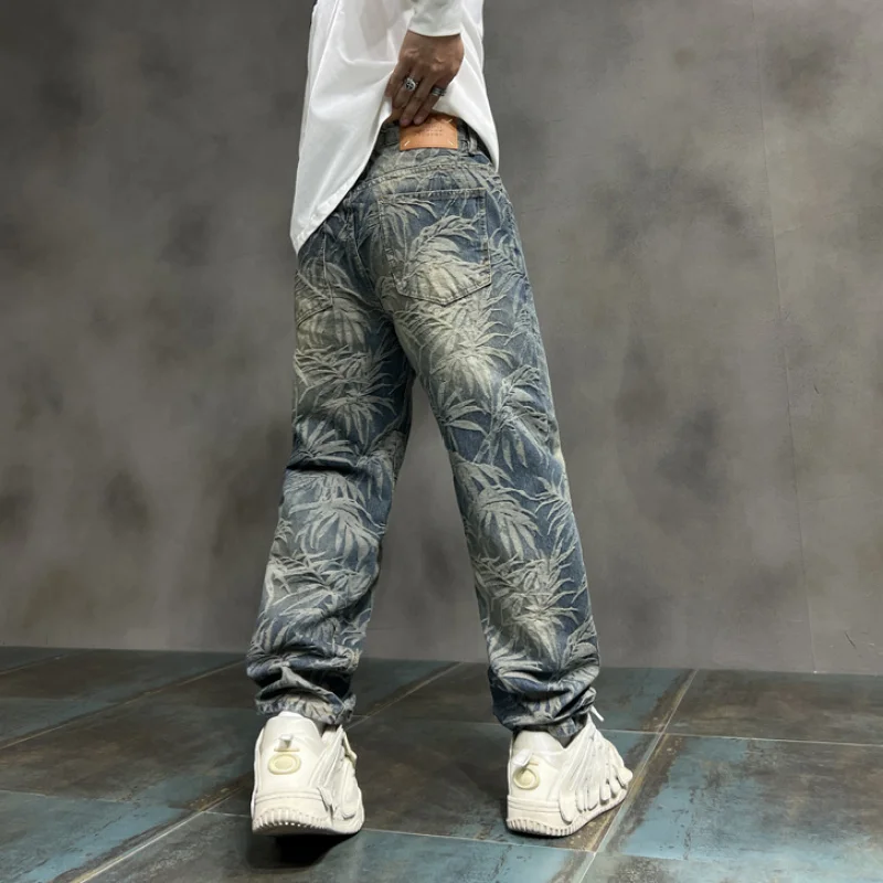 New style jeans men loose fitting comfortable straight tube fashion printing casual trendy brand wide leg hip-hop denim pants