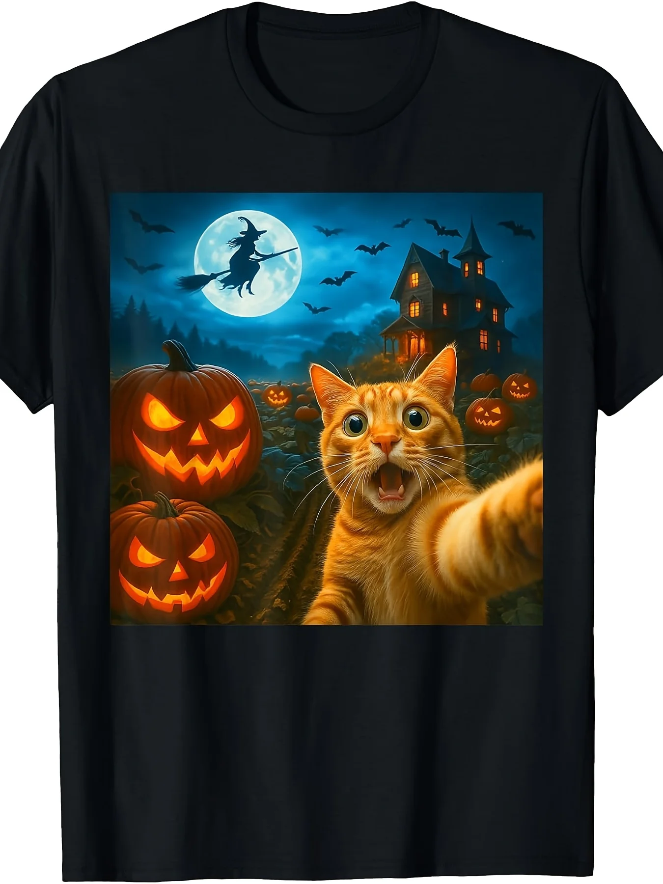 Fantasy Halloween Art T Shirt Glowing Jack O Lantern Bat Sky Graphic Tee Unique Digital Print Design Fall Festival Wear Top