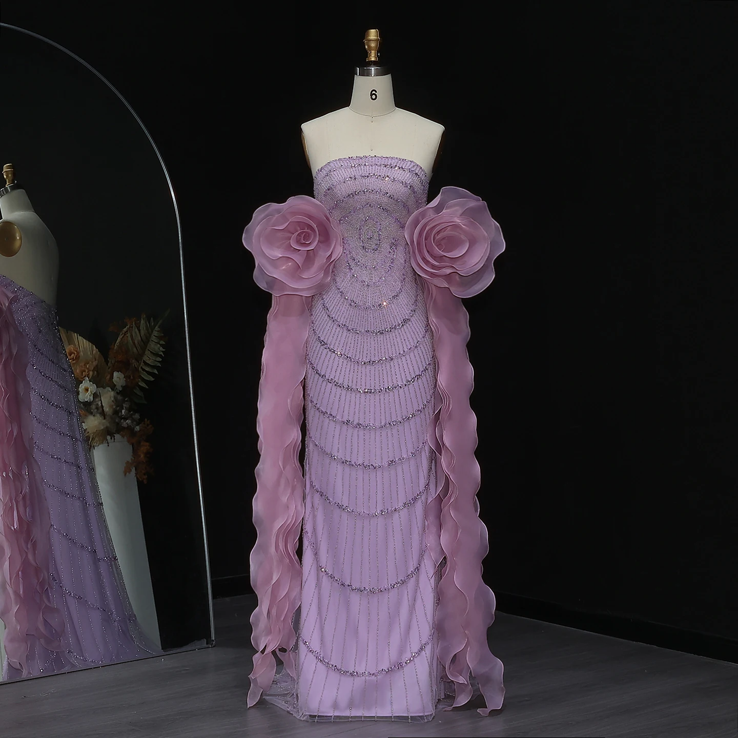 Sharon Said Luxury Mermaid Lilac Arabic Evening Dress with 3D Flower Ruffles Strapless Wedding Party Gowns SS246 Customized image 2