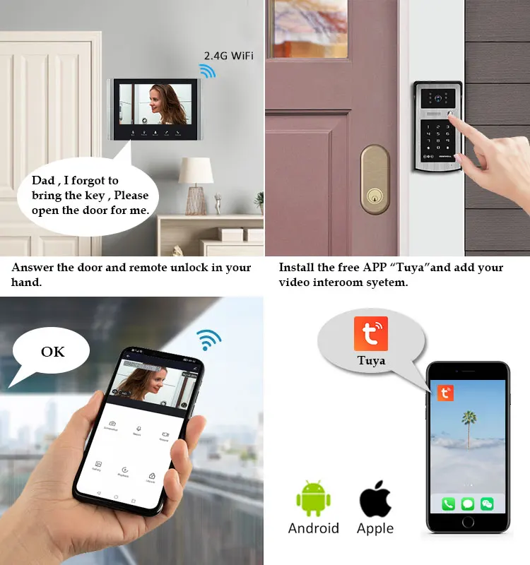 Tuya Draadloze Wifi Video Deurbel Intercom Systeem 4 Draad 7 Inch Monitor Video Deur Telefoon Met Rfid Wachtwoord Unlock Hd Camera