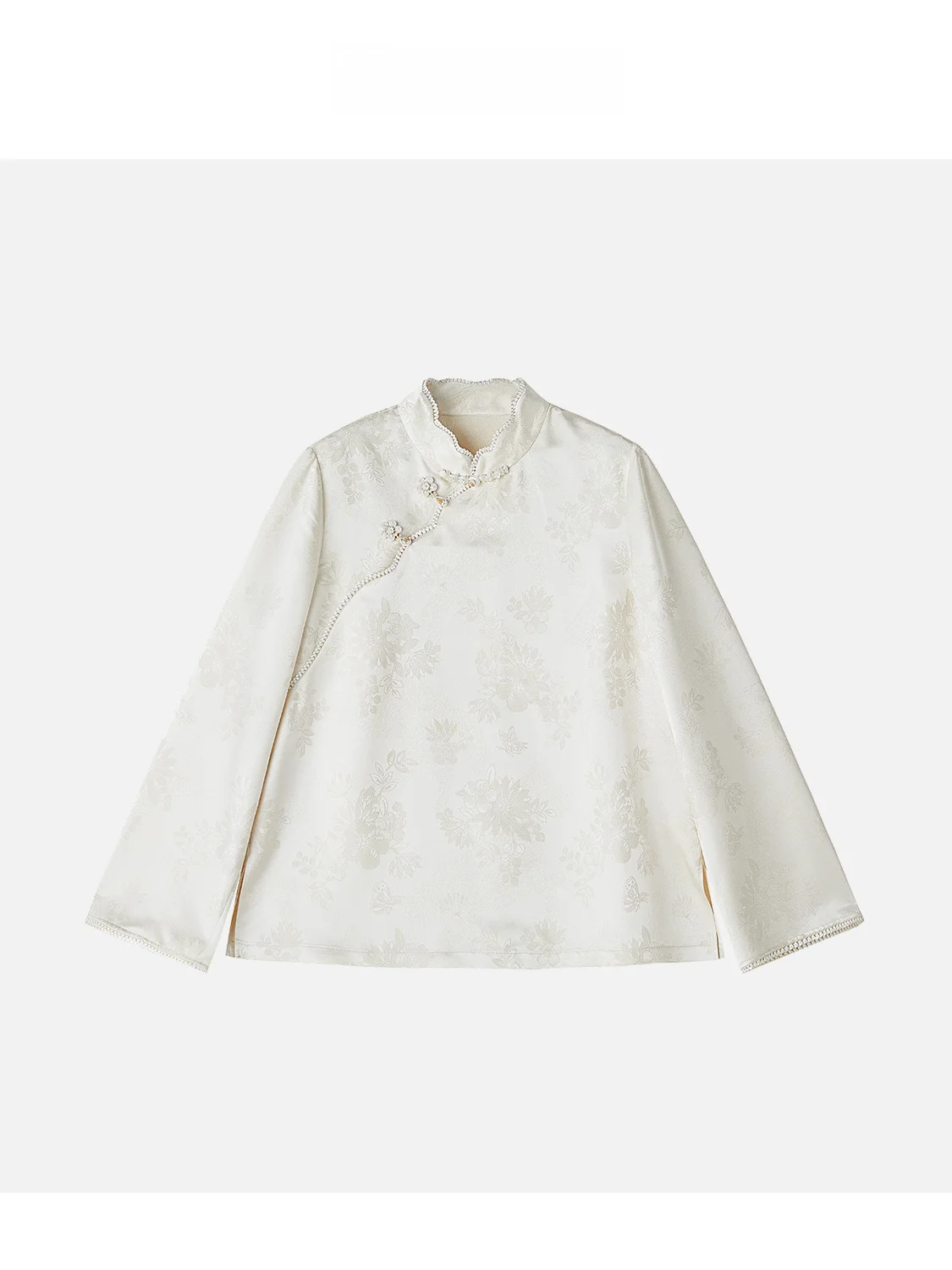 

JINGJING2025 New White Silk Satin Petal Collar Embroidered Sakura Button National Sle Top Loose Fit Long Sve Stand Collar