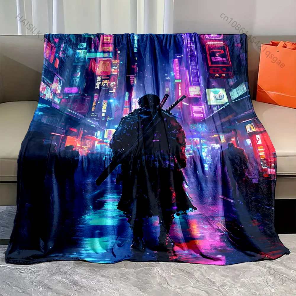 Cyberpunk swordsman rainy night  Print Adult Children Warm Blankets Home Travel Car Soft Comfortable Suitable for all seasons
