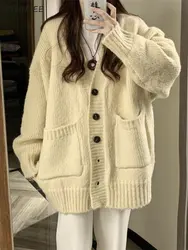 Cardigan Baggy per le donne Preppy Girlish stile giapponese dolce Kawaii vestiti grandi tasche pura maglieria minimalista muslimdelicato