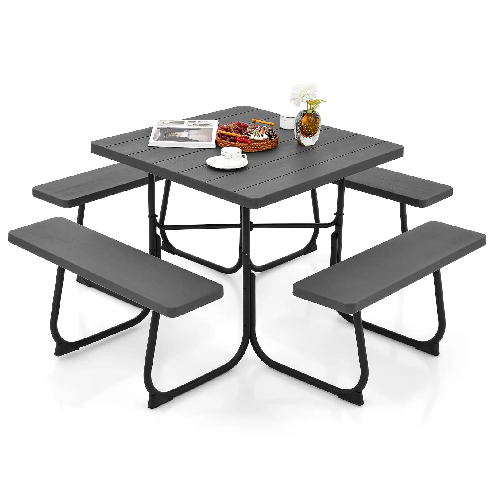 Picnic Table Bench Set for Up to 8 Persons, Square Outdoor Table and Bench with Umbrella Hole, HDPE Top & Metal Frame