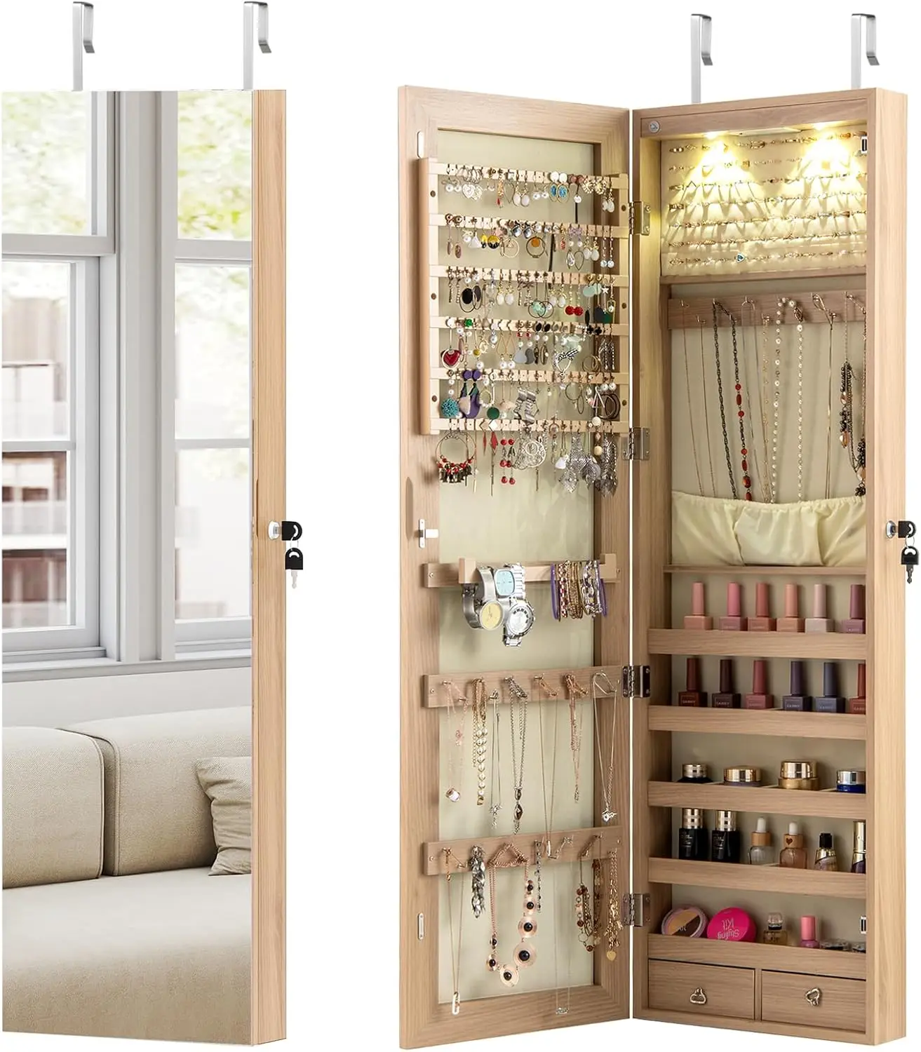 Wall Door Mounted Jewelry Armoire with 47.5" Full Length Mirror & 2 LED Lights, Large Storage Capacity,for Women(Light Oak)