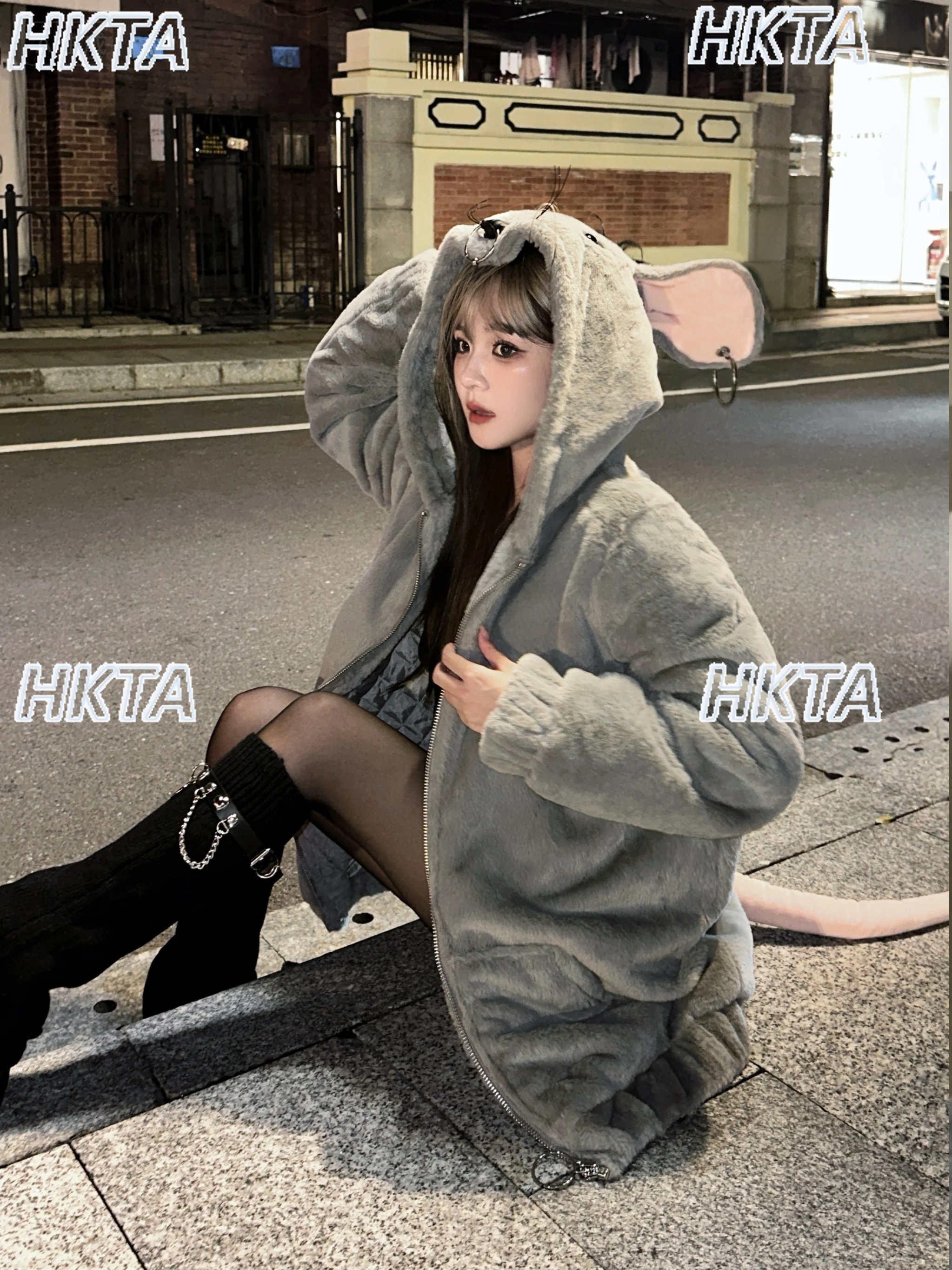 

Punk Plush Hooded Jacket Parka Winter New Halloween Y2K Subculture Cute Cartoon Loose Furry Coat Mid Length Cotton Coats Women