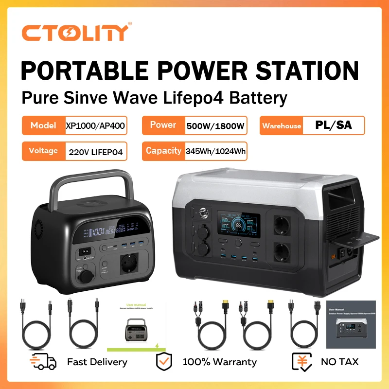 CTOLITY AP400 AP1000 1800W Portable Power Station Lifepo4 Battery Solar Generator AC Outlets Emergency Energy Storage Supply