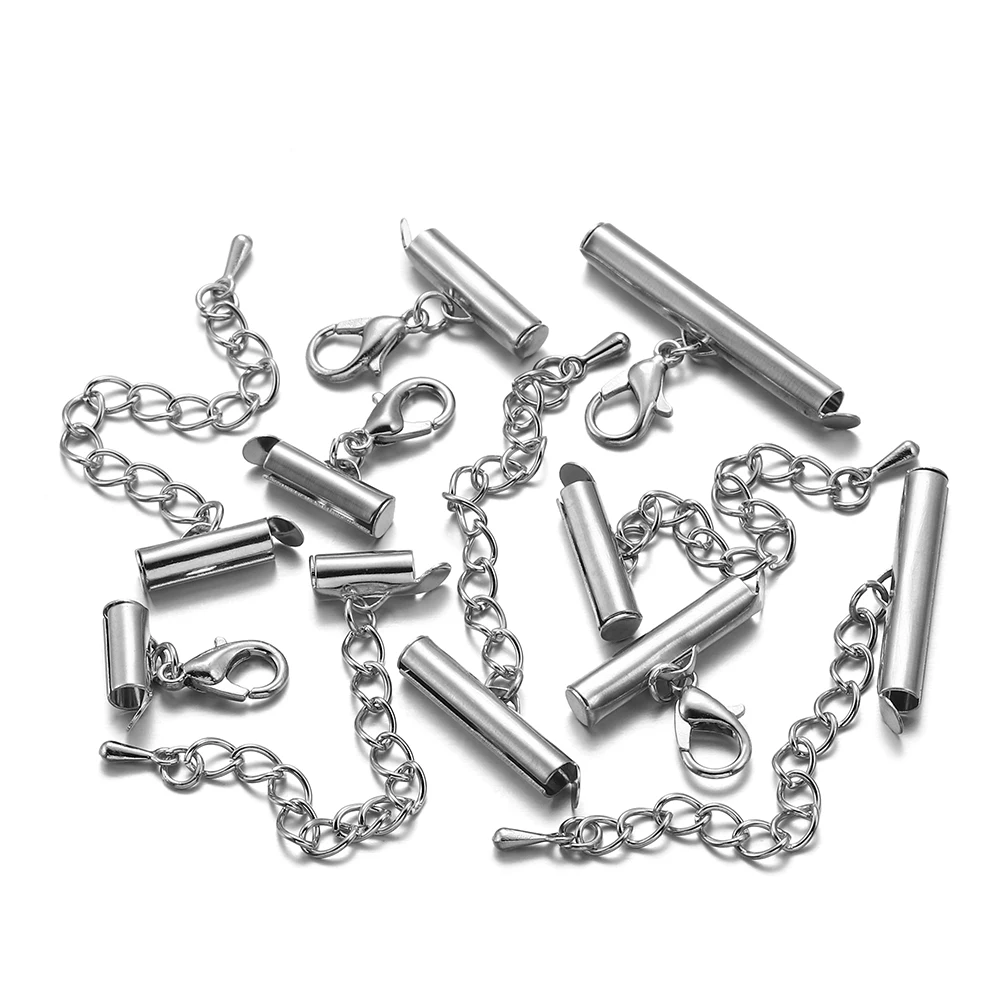 10 juegos por lote, cierres deslizantes en el extremo, hebillas de extremo de engarzado, tapas de extremo deslizantes, cierres de langosta, cadenas para hacer joyería DIY