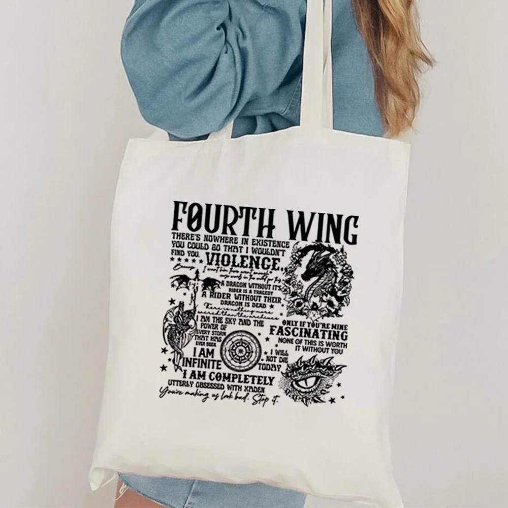 Vintage Fourth Wing Tote Bag Dragon Rider Basgiath War College Women Tote Bags Empyrean Series Fantasy SJM Bookish travel Bag