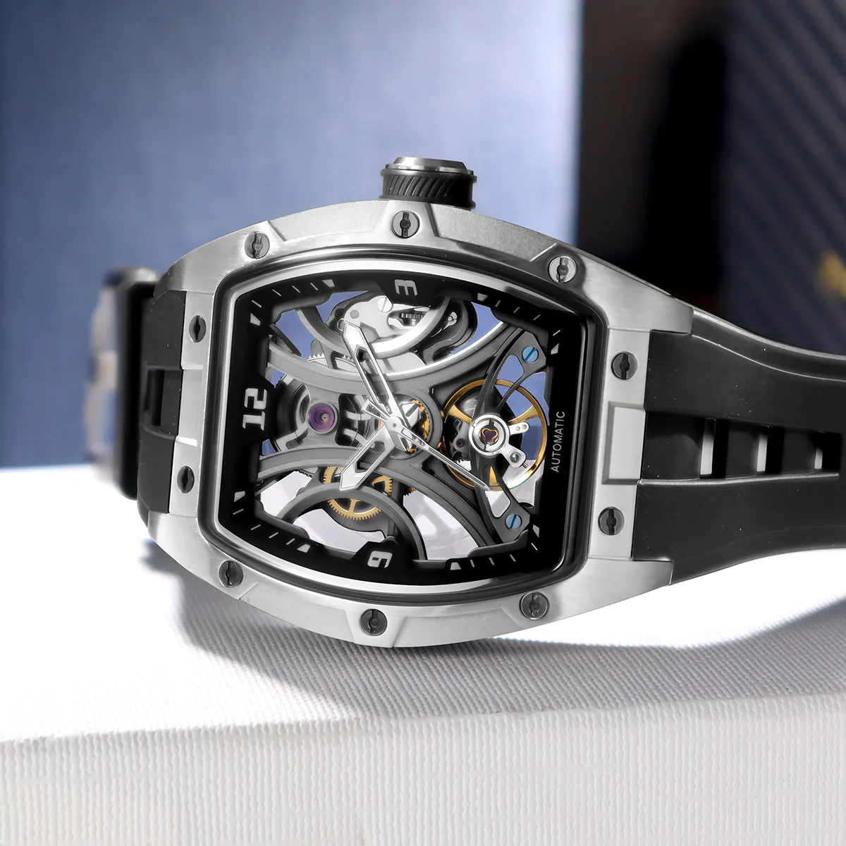 MEGIR Fashion Sports Mechanical Watch for Men Automatic Self-winding Wristwatch with Silicone Strap Transparent Tonneau Dial