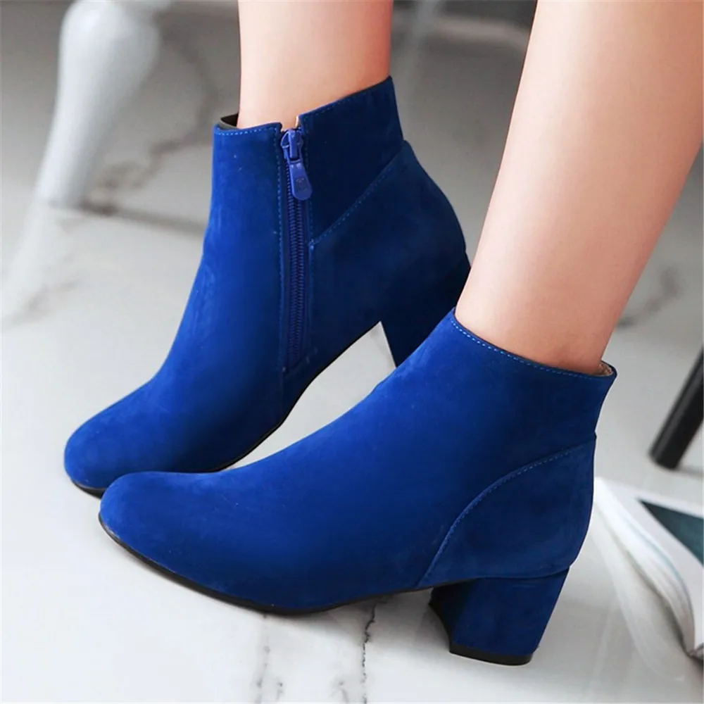 Spring Autumn Classic Flock Women Ankle Boots Fashion Female Boats Mujer Chunky Heels Comfortable Side Zip Short Bare Booties