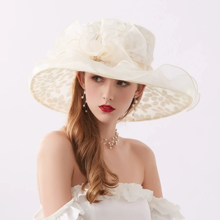 New Arrival Wide Brim Organza Fisherman Hat Rhinestone Floral Sun Visor Hat Women Chiffon Mesh Summer Seaside Sun Protection Hat