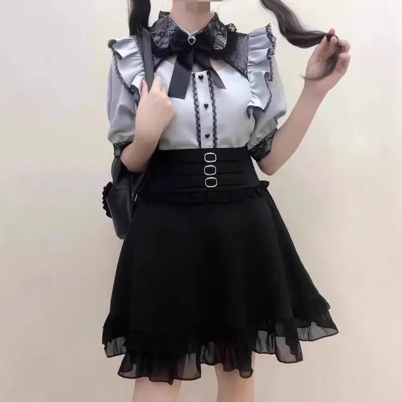 Sweetheart Y2K Meets Dark Landmine Series Set JK Girl Three Color Off Shoulder Shirt High Waist Top Half Skirt Two Piece Set New