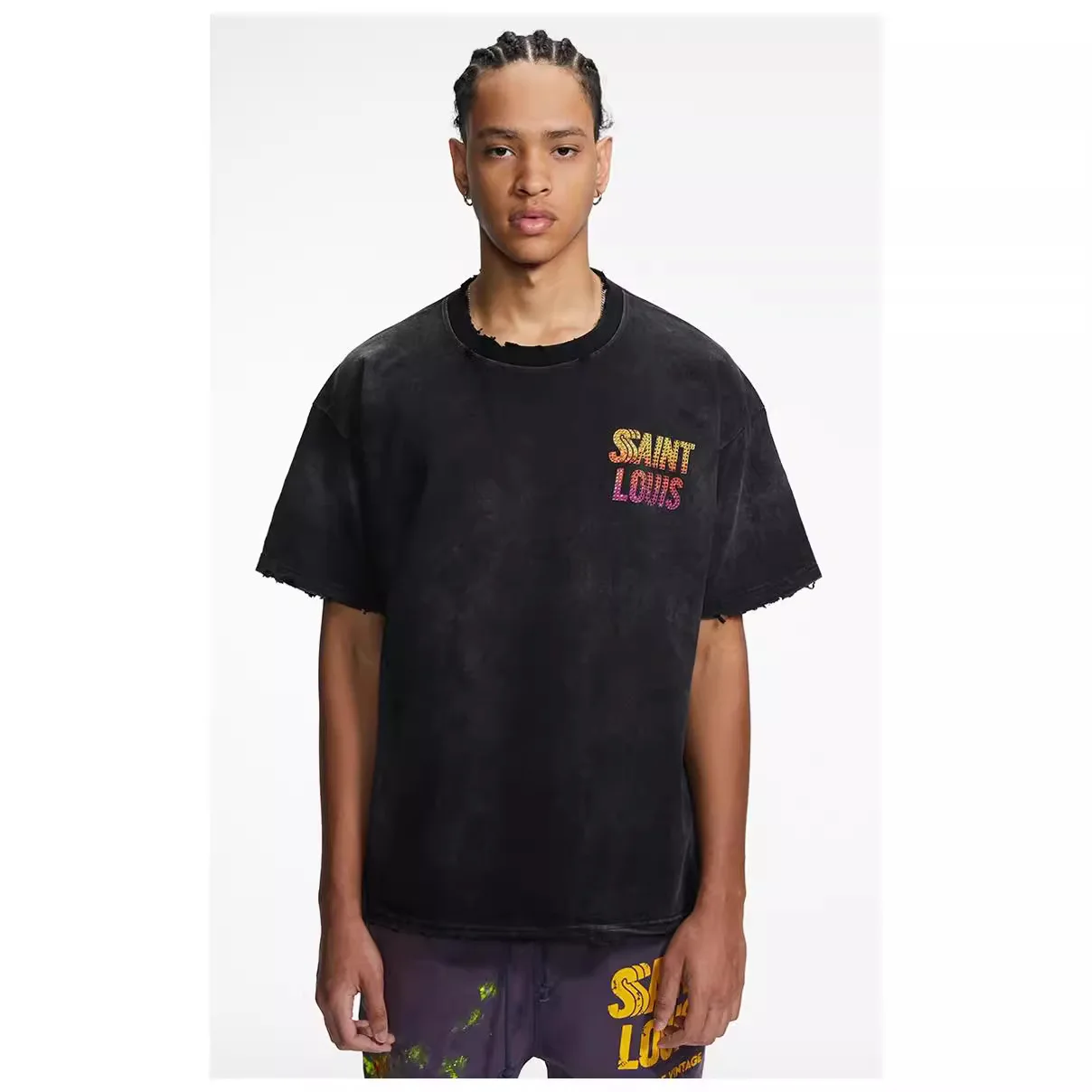 

SSSAINT LOUIS New style hand-embossed rhinestone and glittered distressed logo print short-sleeved casual loose-fitting T-shirt