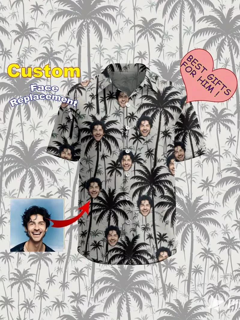 

Гавайская рубашка с индивидуальным лицом для мужчин и женщин, персонализированный Гавайский подарок для подруги, парня, блузки на пуговицах с тропическим кокосом