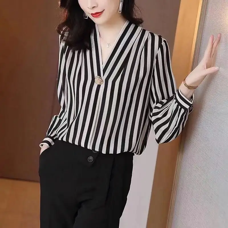 Striped Print Elegant Chic Commute Top Blouse Women Spring Autumn Fashion V Neck Long Sleeve Loose Shirts Blusas Mujer Clothing