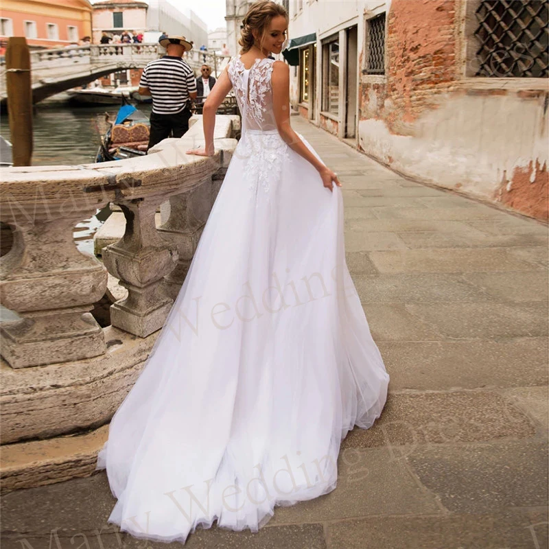 Vestido de novia de tul con Apliques de encaje sin mangas, traje bohemio elegante con cuello redondo, hermosa ilusión