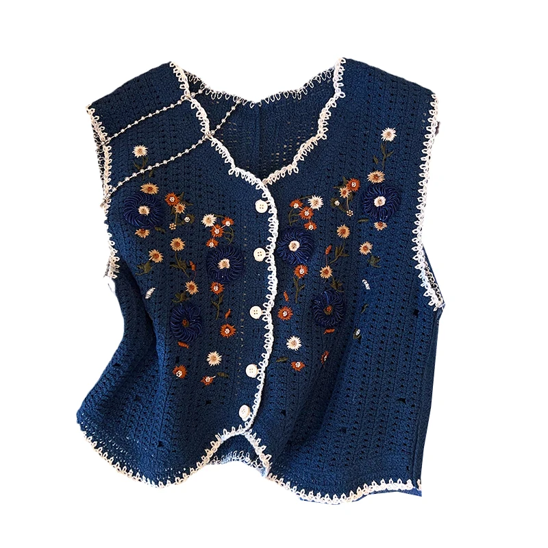 Colete Tricotado Feminino com Bordado e Recortes, Moda Casual de Outono, Ajuste Solto em Poliéster