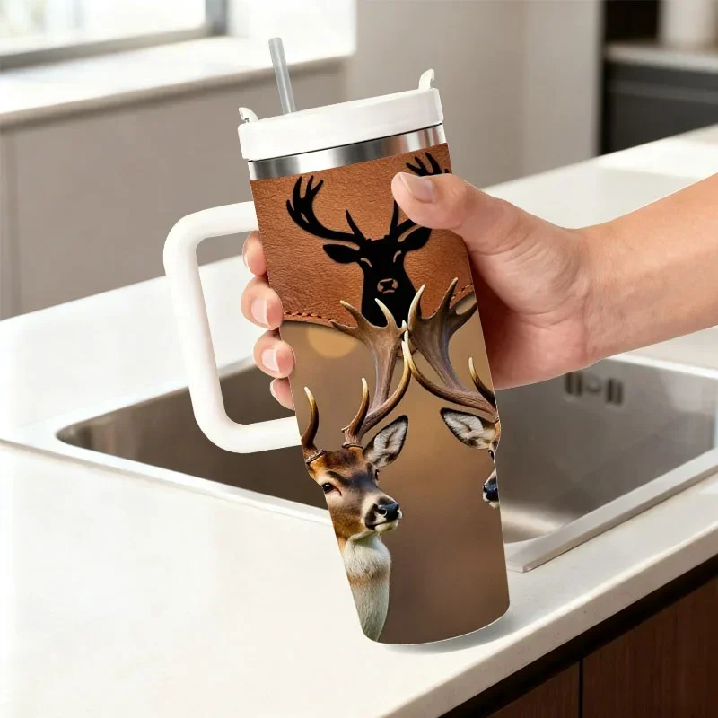 40Oz Stainless Steel Insulated Tumbler, Digital Print of Symmetric Spotted Deers And Deer Head Silhouette on Warm Bokeh Background, Durable Insulated Drink Cup for Daily Outdoor Commute And Office Use