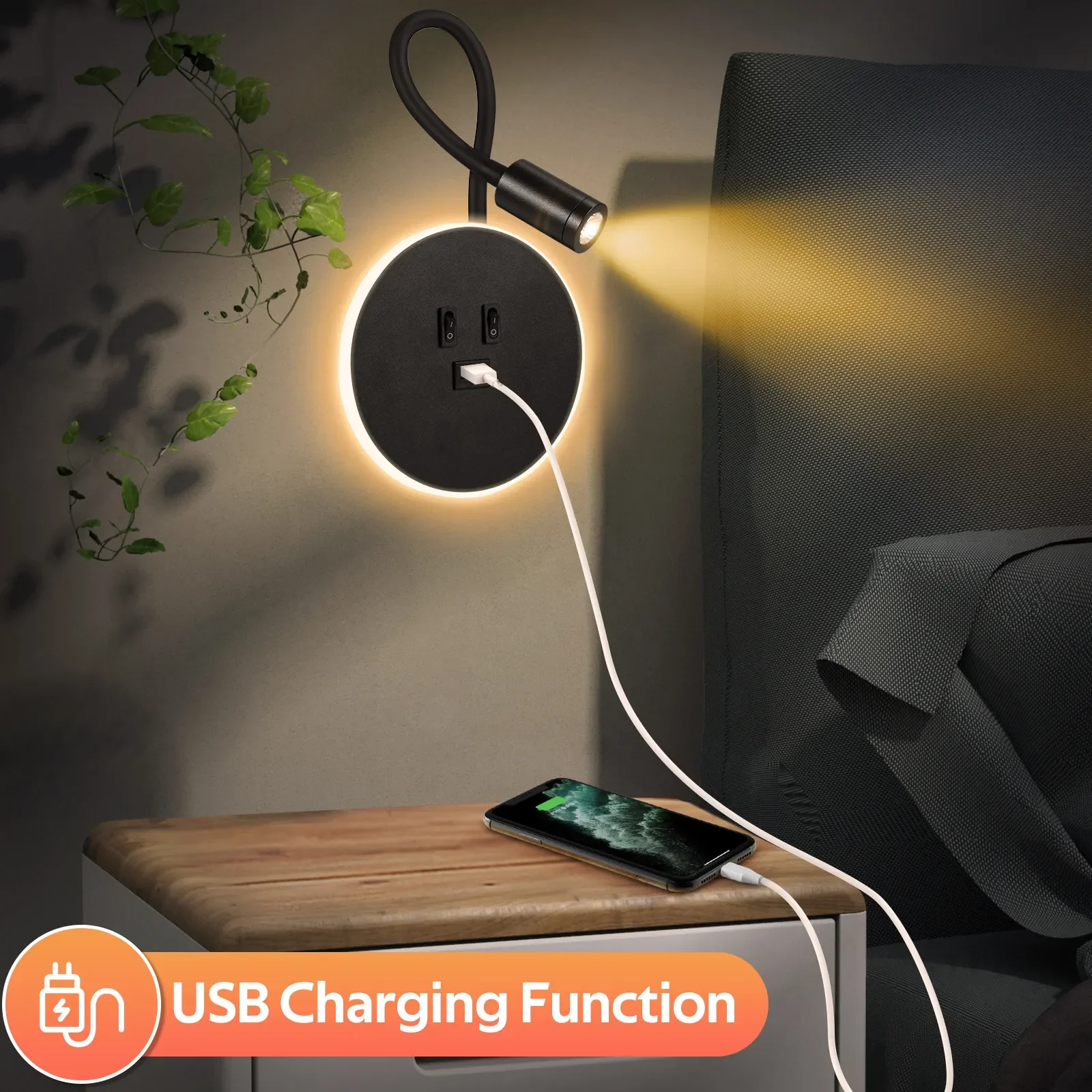 Imagem -05 - Flexível Gooseneck Led Wall Light com Interruptor Lâmpada de Leitura de Cabeceira Luz Natural Luz Quente Porta de Carregamento Usb 3w 8w