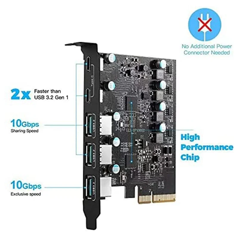

PCIe X4 To USB 3.2 Card USB Gen 2 with 20Gbps 5 Port (3 USB A +2 Type C) Chip ASM3142 Converter Adapter Expansion PCIE Splitter