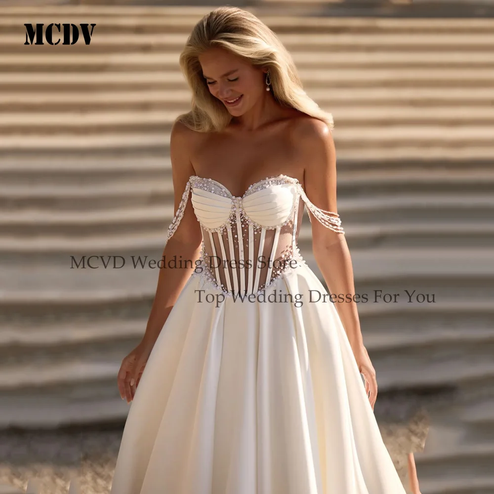 MCDV فساتين زفاف أنيقة بيضاء مطرزة بالخرز الوهم على شكل قلب بدون أكتاف زي العرائس للنساء فساتين الحفلات الرسمية حسب الطلب