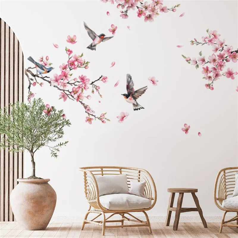 Tree Branches Pink Peach Blossoms Flowers Birds Wall Stickers For Bedrooms Living Rooms Background Walls Decorative Self-Adhesiv