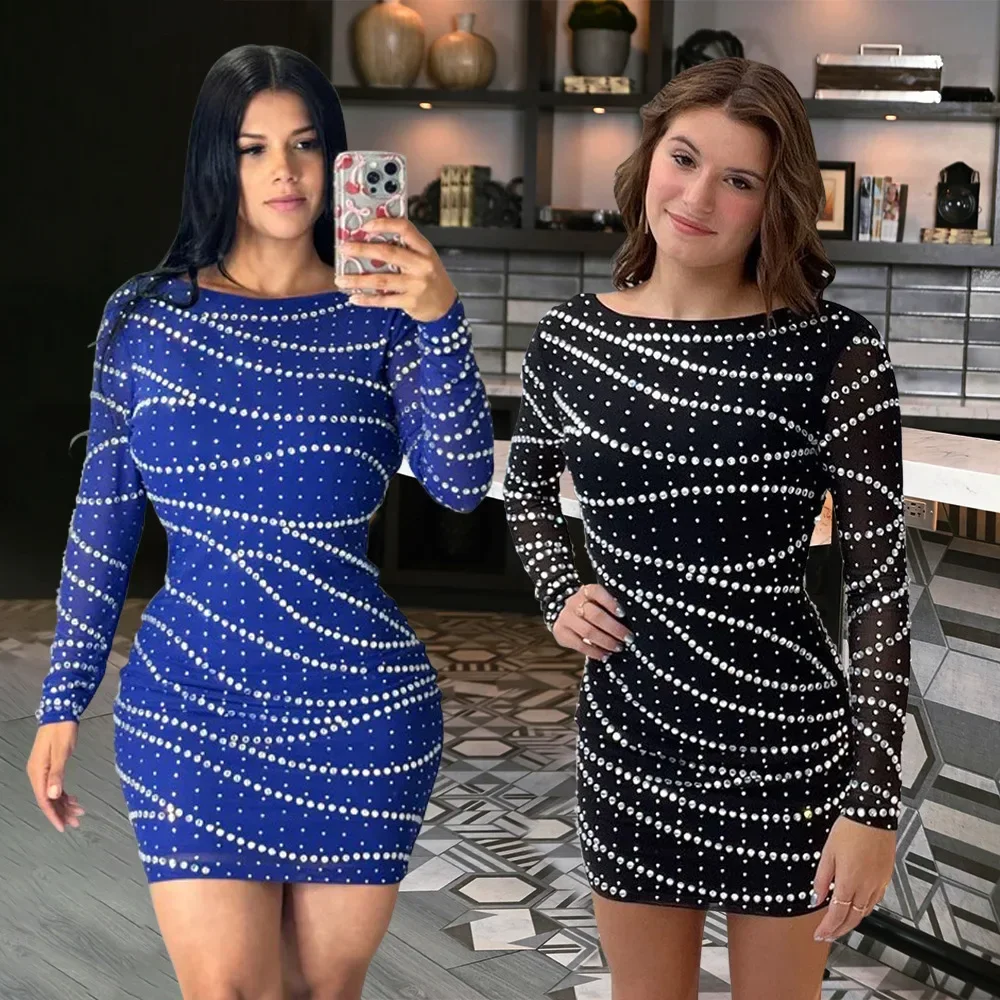 

2024 Autumn Women Full Sleeve O-neck Fashion Rhinestone Mini Dress Winter Birthday Night Club Evening Party Sexy Dresses