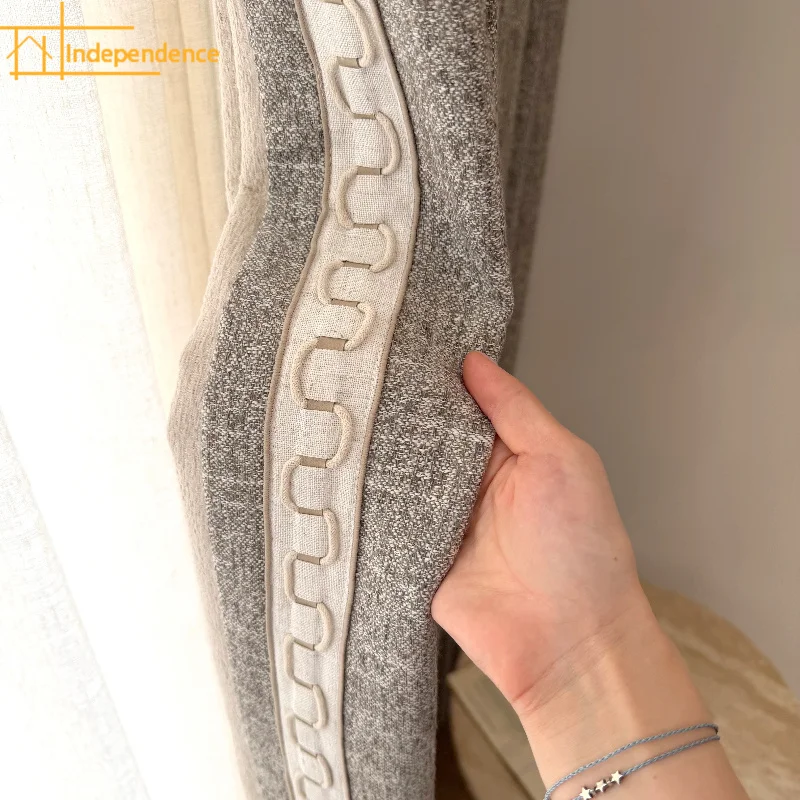 New Variegated Cotton Linen Grey Thickened Splicing Curtains for Living Room Bedroom French Window Balcony Customized Products
