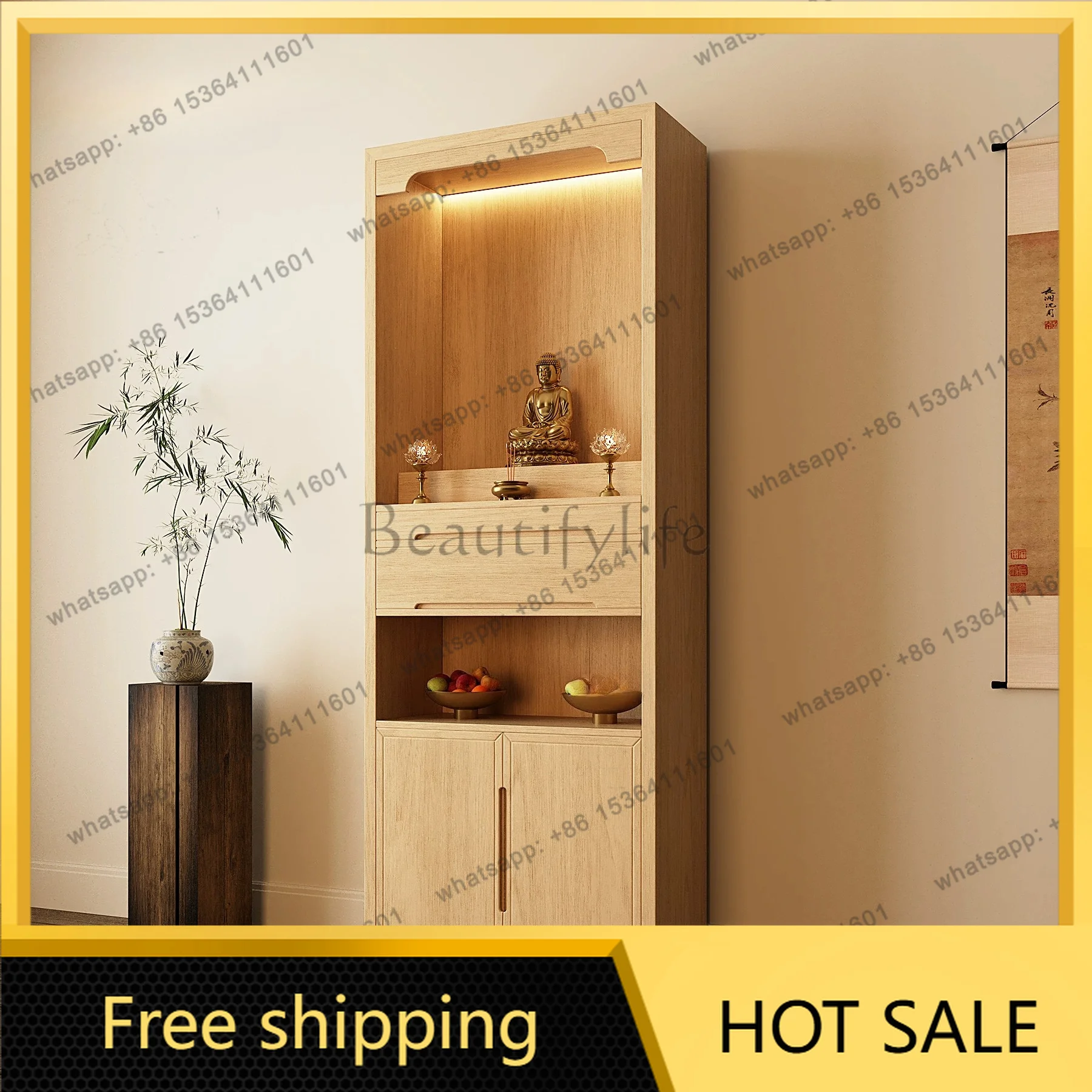 YJ New Chinese Style Ash Wood Solid Wood Standing Shrine Cabinet Custom-made Home Altar Table For Guanyin God of Wealth