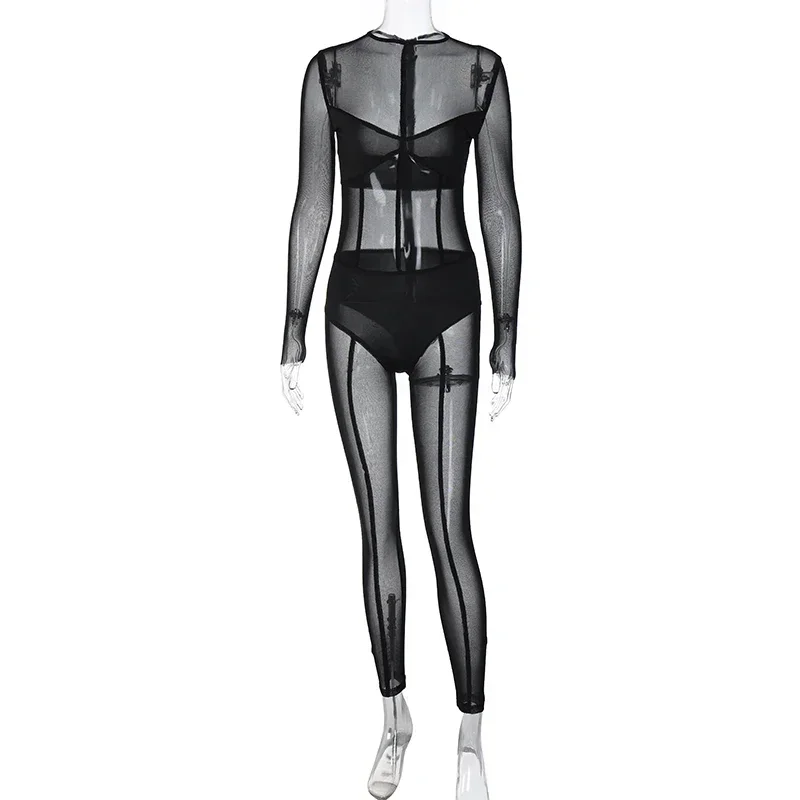 Sexy Transparent Mesh Jumpsuit For Women O-Neck Long Sleeve Bodycon Jumpsuit See Through Bodysuit Nightclub