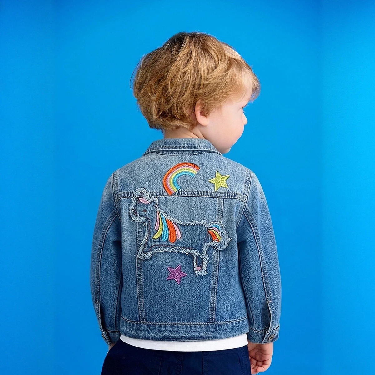 

Детская джинсовая куртка для девочек, с вышивкой в виде единорога