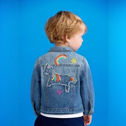 Cartoon Unicorn Embroidery Baby Girls Denim Coats Kids Jeans Jackets Toddlers Denim Jackets Children Outerwear Clothes