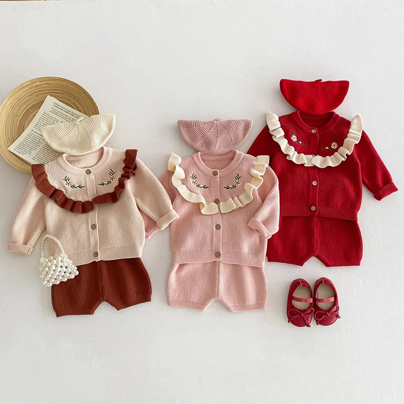 2024 New Autumn Children Long Sleeved Knitted Cardigan+Jumpsuit Newborn Baby Girls Clothing Set Toddler Baby Girl Clothes Suit