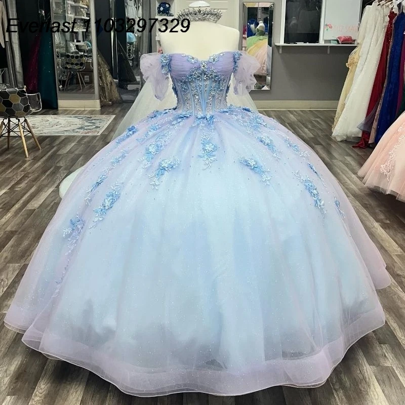 

EVLAST Shiny Blue Quinceanera Dress Ball Gown 3D Floral Applique Beading Crystals Corset Sweet 15 16 Vestido De 15 Anos TQD565