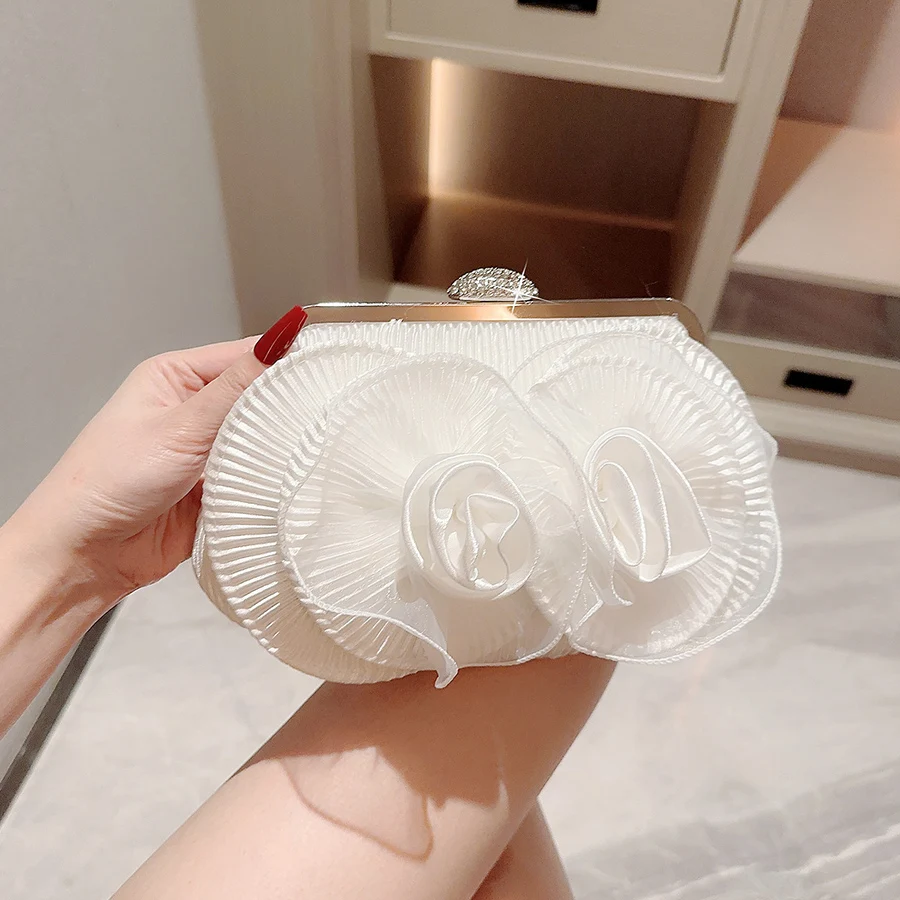 

Hot Sale Evening Bag Pleated Flower Bride Small Purse Full Dress Party Handbag Wedding Wallet Women Floral Chain Lady Clutches