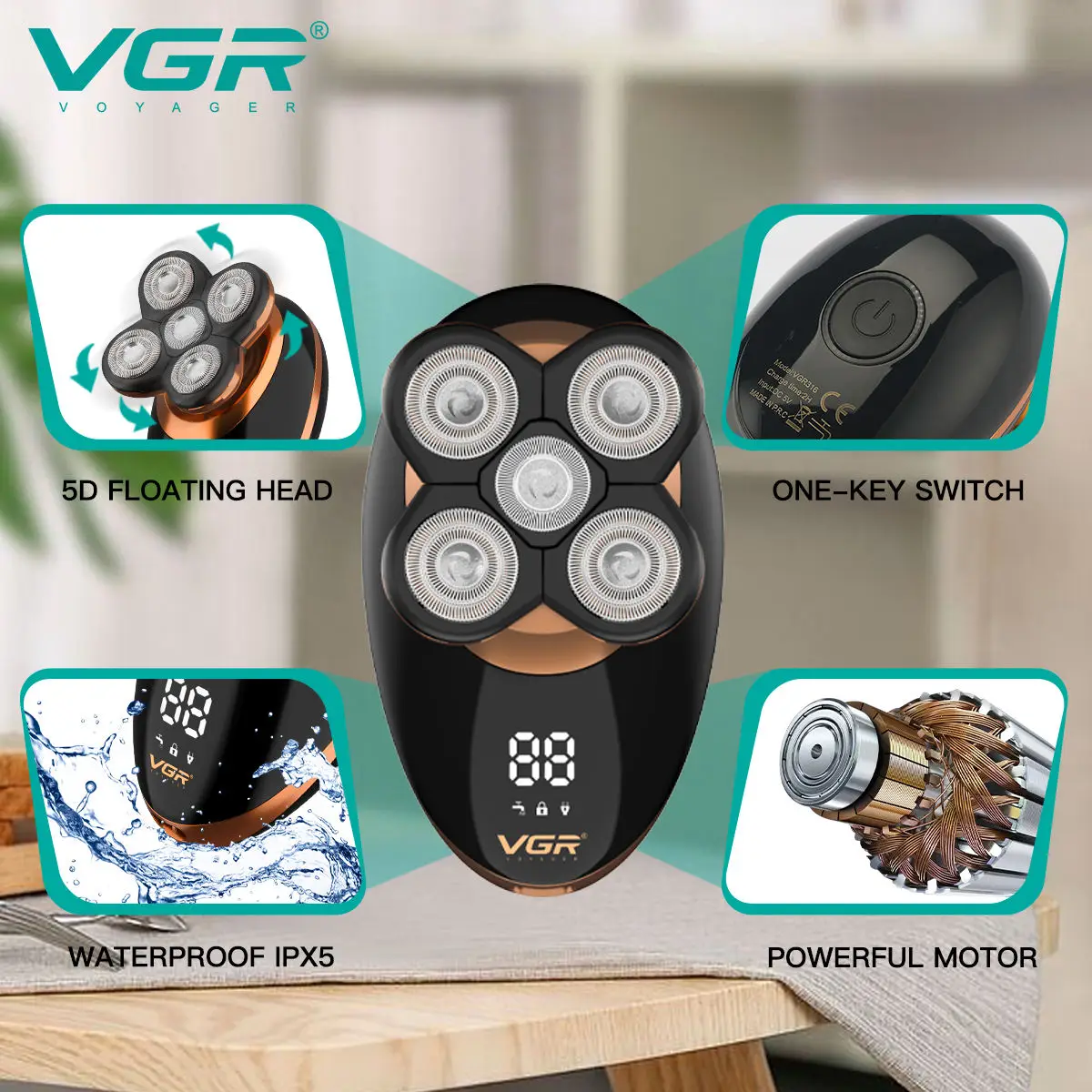 VGR Multi-cutting 5in1 Electric Razor Cut Zero Ball Mower Beard Trimmer LCD Display Nose Ear Grooming Multi-use Bald Shaver 316