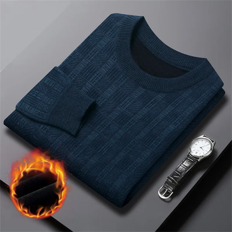 

New Winter Fashion High End Thick Warm Men's Warm Round Neck Sweater Solid Patchwork Screw Thread Loose Knitted Long Sleeved Top