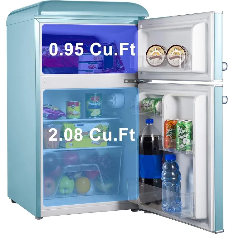 Retro Compact Refrigerator with Freezer, Mini Fridge with Dual Doors, Adjustable Mechanical Thermostat, 3.1 Cu FT, Blue