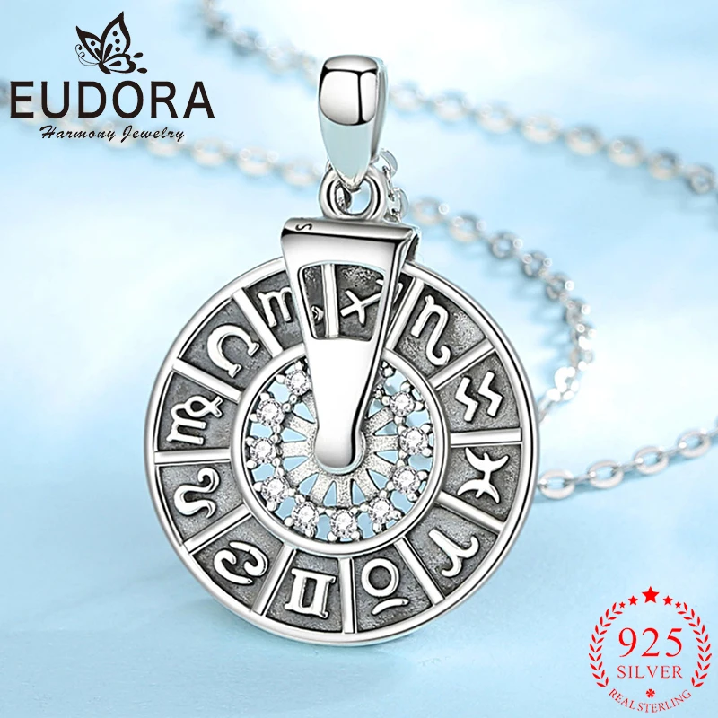 Eudora Real 925 Sterling Silver 12 Zodiac Wheel Necklace Personality Spinner Pendant Men Women vintage Jewelry Party Gift