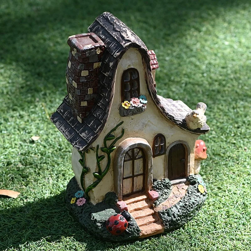 Fairy House Large Rustic Miniature Garden Cottage With Ladybug & Bird Fairy Garden Miniature Villa Woodland Home