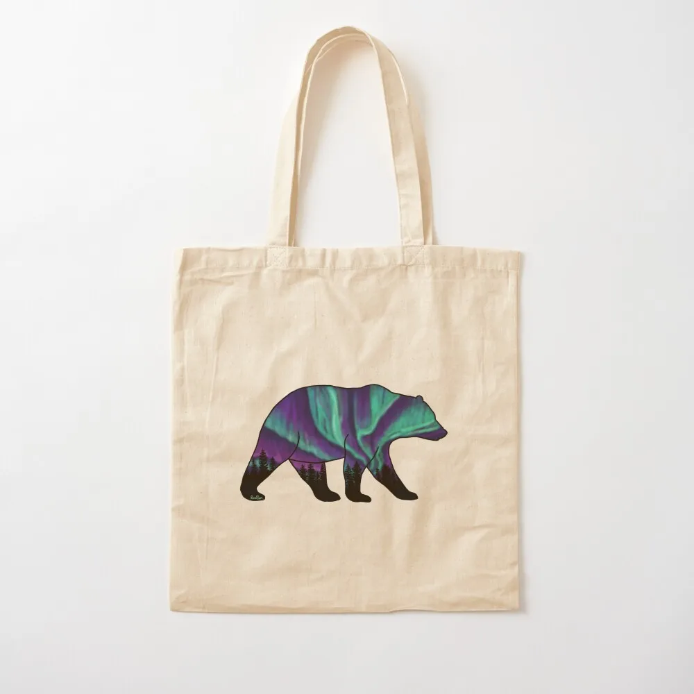 Brown Bear Silhouette - Northern Lights - Storm Gray Tote Bag