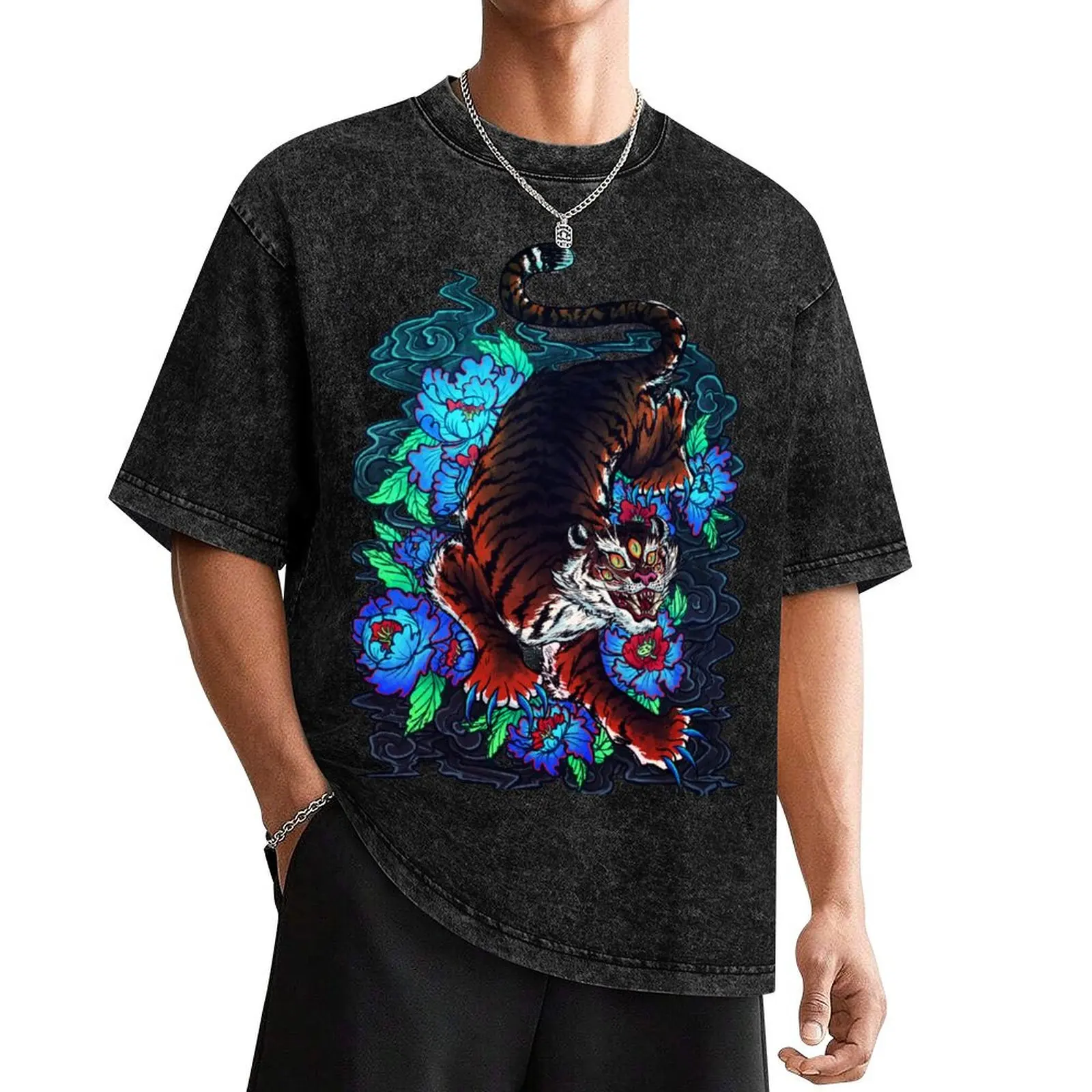 

IREZUMI TRIQUETRUS: Tiger King Ashura T-Shirt cotton man t-shirts vintage clothes mens fashion