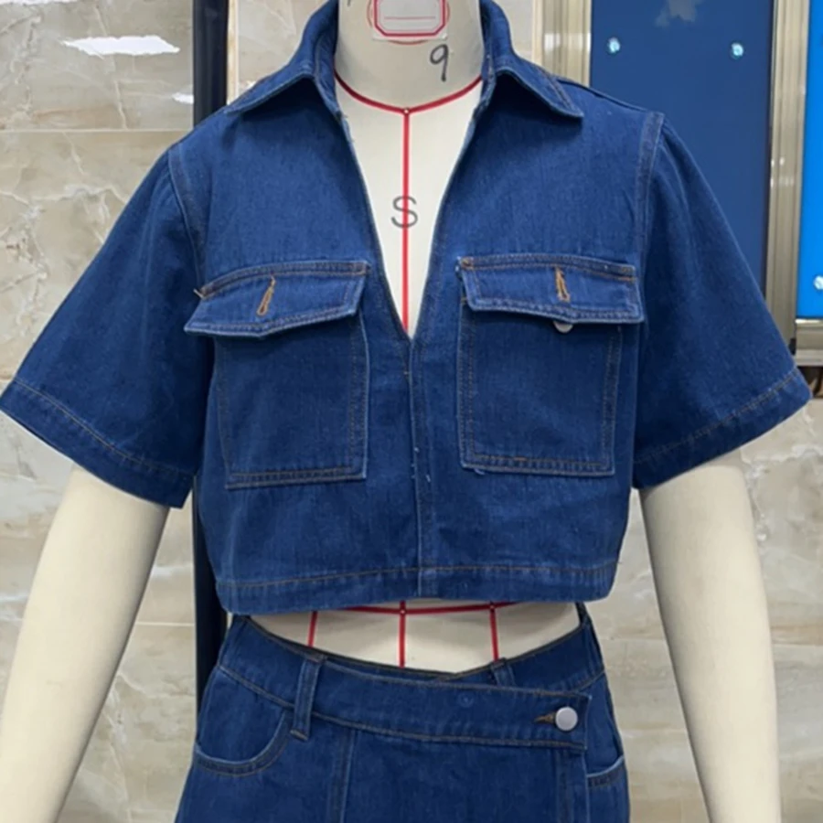 

Classic Women's 2 Piece Denim Outfits Short Sleeve Lapel Tops Irregular Skirted Shorts Sets Streetwear