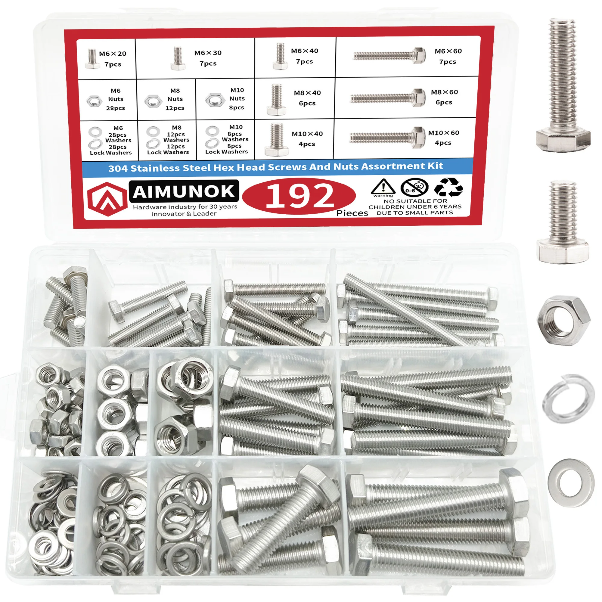 

192pcs M6 M8 M10 heavy-duty bolts and nuts, made of 304 stainless steel, with 8 most common sizes included.